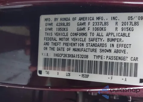 2009 Honda Accord Lx from USA, damaged, VIN 1HGCP263X9A153208